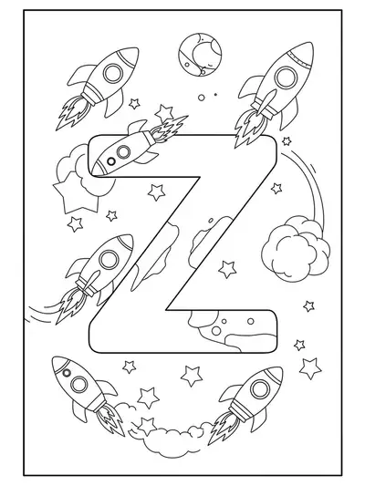 Easy coloring page with a big letter Z and cartoon rockets zooming around it.