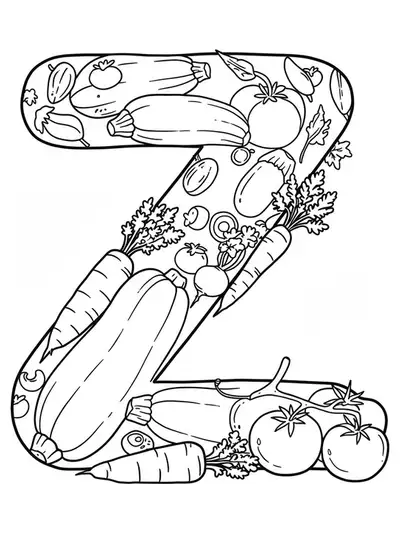 Letter Z with zucchinis, carrots, and tomatoes, black and white coloring page for preschool.
