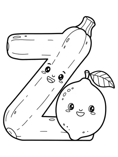 Simple coloring page with a large letter Z, a smiling zucchini, and a lemon.
