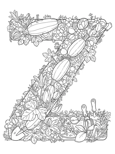 Letter Z with zucchini plants, flowers, and garden tools, food and gardening coloring page for kids.