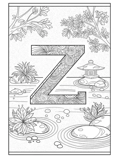 Mandala coloring page with letter Z in the center, surrounded by Zen garden textures for teens