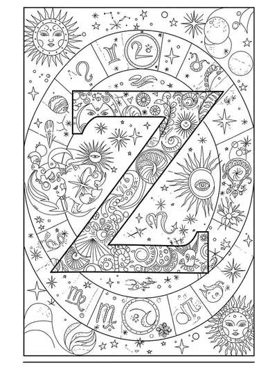 Astrology themed coloring page with the letter Z and zodiac symbols in a starry background for teens