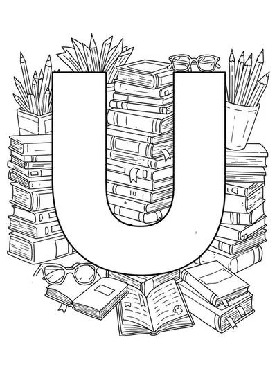 Letter U set among stacks of books, bookmarks, and reading glasses, with library-themed doodles for teens.