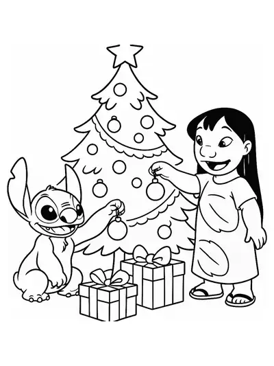 Lilo and Stitch decorating a Christmas tree with presents and ornaments, simple lines, easy coloring page.