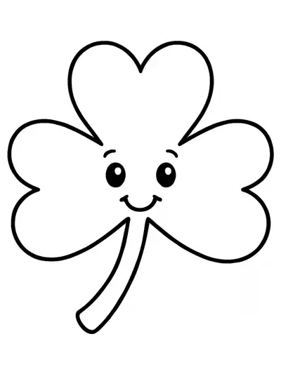 Simple coloring page of a large smiling shamrock for preschoolers.