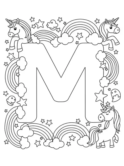 Intricate black and white drawing of unicorns, rainbows, and stars swirling around a large letter M with elaborate details.