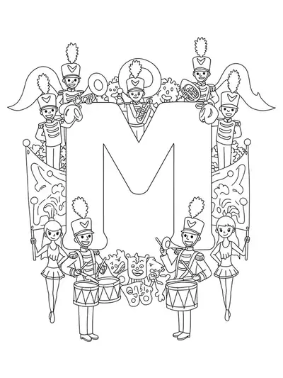 Detailed black and white outline of a marching band with drums, trumpets, majorettes, and banners around a large letter M, filled with fine details.