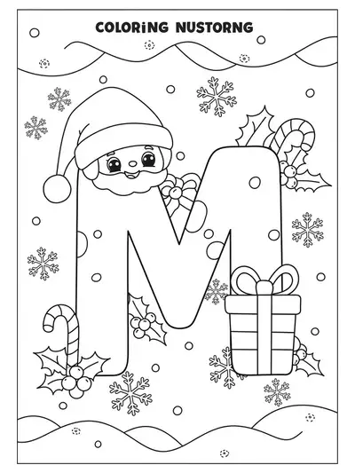 Letter M with Santa hat, candy canes, holly, and snowflakes, designed for preschool Christmas coloring.