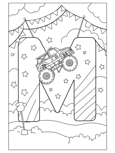 Letter M with a monster truck driving over it, flags and stars, for preschool vehicle coloring.