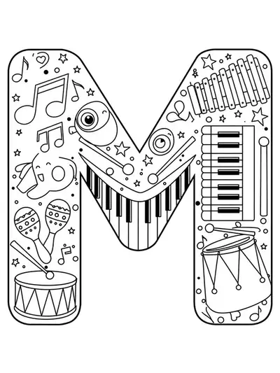 Letter M with musical notes, drum, maracas, and xylophone, for preschool music coloring.