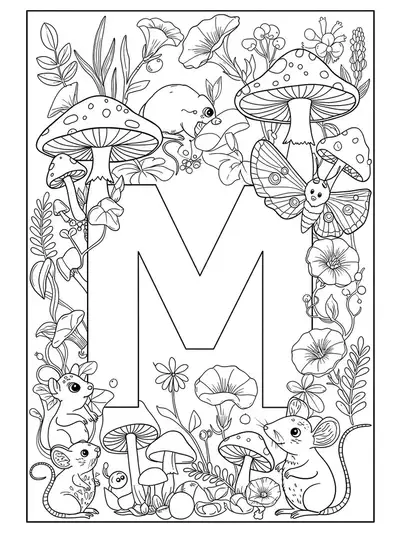 Black and white outline of a magical garden scene with mushrooms, morning glories, mice, moths, and a large letter M, filled with intricate details.