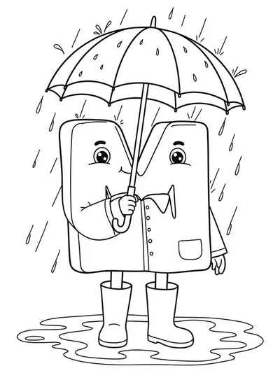 Large letter M wearing rain boots and raincoat, holding umbrella, with raindrops and puddles, for preschool coloring.