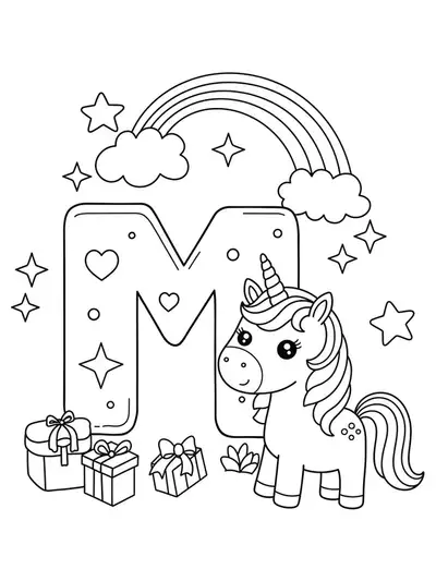 Letter M with a unicorn, sparkles, rainbow, and stars, designed for preschool unicorn fantasy coloring.