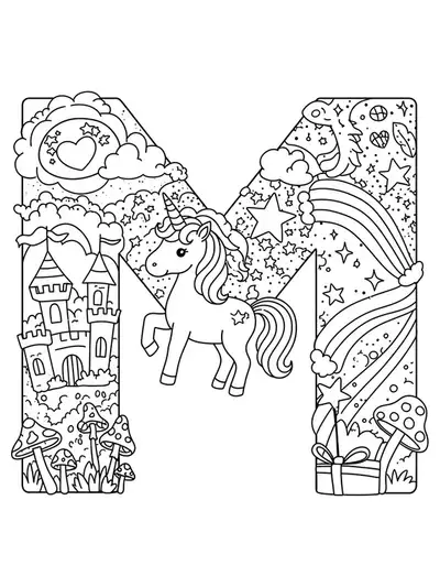 Coloring page featuring the letter M with a unicorn, castle, stars, and mushrooms in a fantasy setting.
