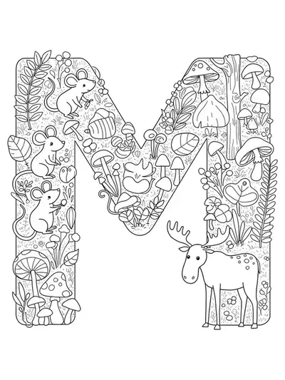 Coloring page showing a large letter M with forest animals such as mice and a moose, surrounded by mushrooms and plants.
