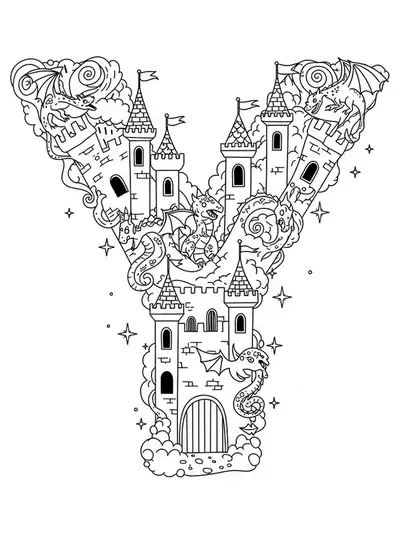 A detailed fantasy coloring page with the letter Y integrated into a castle, dragons, and mystical decorations for elementary students.