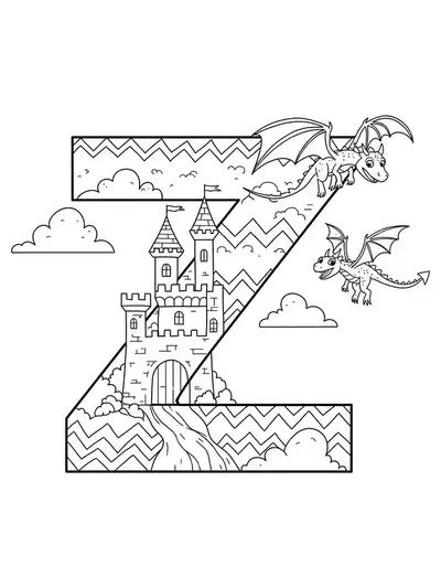 Letter Z with a fantasy castle, clouds, and a dragon, medium detail fantasy coloring page for kids.