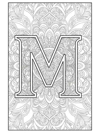 Letter M entwined with mandala-inspired symmetrical patterns in a medium-detailed adult coloring page.