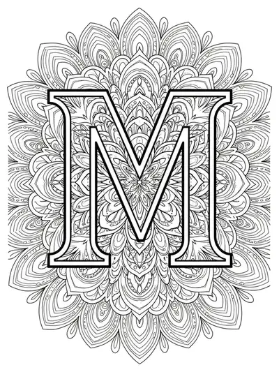 Letter M coloring page with a highly detailed mandala pattern and geometric designs.
