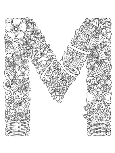 Letter M coloring page with detailed flowers, Maypole ribbons, butterflies, and baskets for May Day.