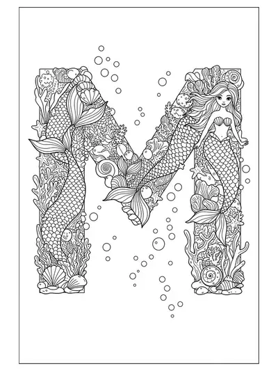 Hard coloring page with letter M and detailed mermaids, seashells, and ocean elements.