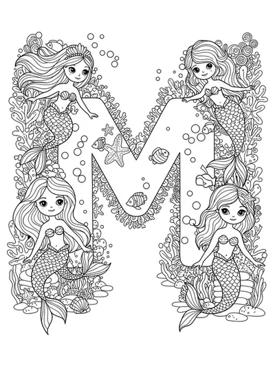 Intricate outline drawing of multiple mermaids swimming around a large letter M, with lots of small details and underwater elements.