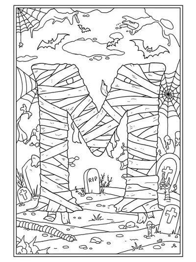 Intricate letter M coloring page with mummy bandages, cobwebs, bats, and tombstones for Halloween.