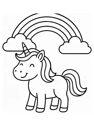 Easy unicorn and rainbow coloring page for kids, simple outlines