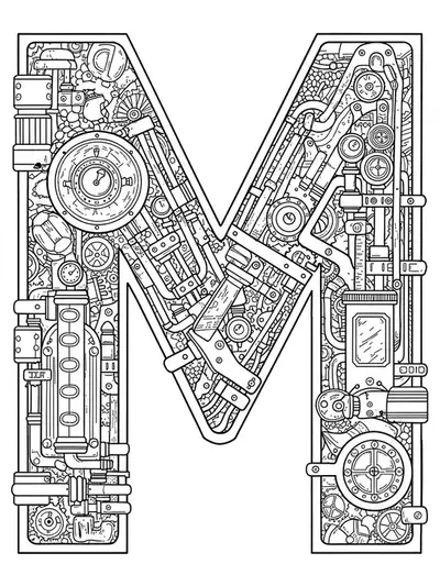 Intricate letter M surrounded by detailed steampunk gears and pipes for adult coloring.