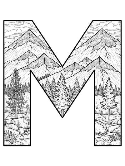 Hard level letter M coloring page with detailed mountains, trees, and nature elements.