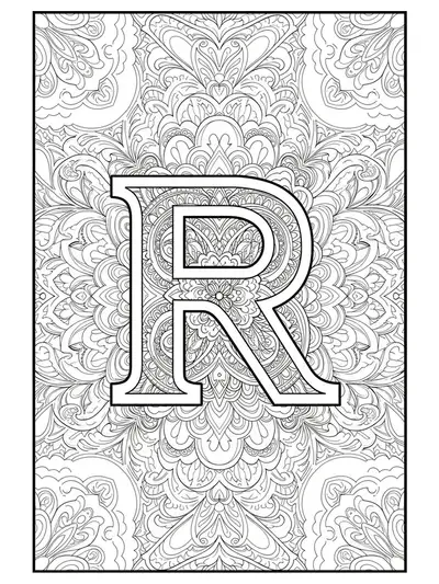 Letter R in the center of complex, modern mandala designs for a hard teen coloring page.