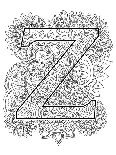 Letter Z surrounded by complex layered mandalas and paisley patterns, hard coloring page for teens.