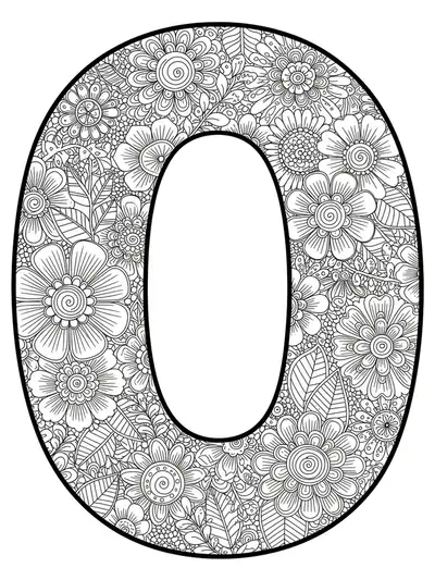 Complex mandala garden pattern inside and around the letter O, featuring flowers, leaves, and vines, adult hard coloring page