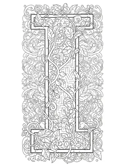 Complex botanical labyrinth design forming the letter I with detailed mandala and maze-like plant patterns.