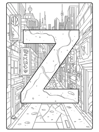 Complex manga cityscape with letter Z integrated into buildings, detailed hard coloring page for teens.