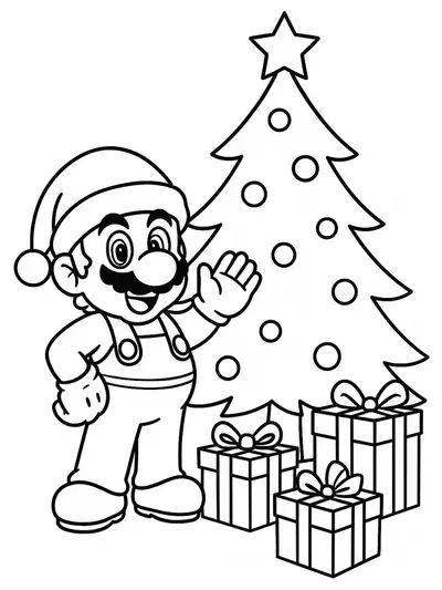 Simple Mario coloring page with Mario in a Santa hat next to a Christmas tree and presents.
