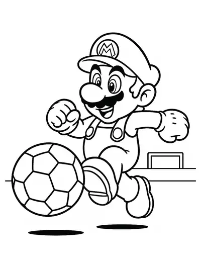 Easy Mario coloring page with Mario kicking a soccer ball on a simple field.