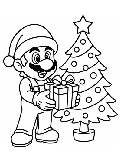 Mario wearing a Santa hat holding a gift beside a Christmas tree with ornaments