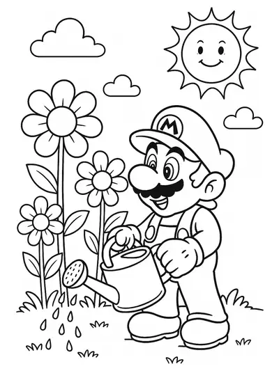 Easy Mario coloring page with Mario watering flowers in a spring garden.