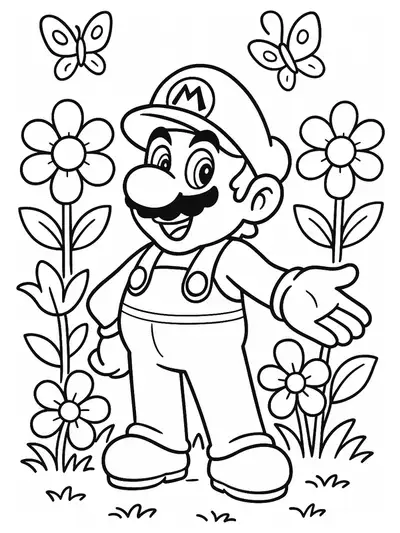 Mario standing in a flower garden with butterflies flying around