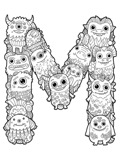 Letter M coloring page with detailed, whimsical monsters, horns, and patterned bodies.