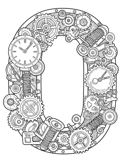 Highly detailed letter O surrounded by mechanical clockwork gears, springs, and cogs, hard adult coloring page