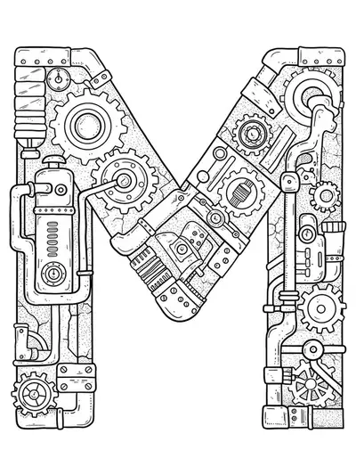 Letter M designed with steampunk mechanical elements such as gears, cogs, and pipes in a medium-detailed, adult coloring page.