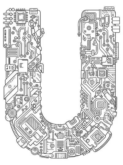 Letter U composed of intricate circuit boards, microchips, robotic arms, and tech patterns for teens to color.