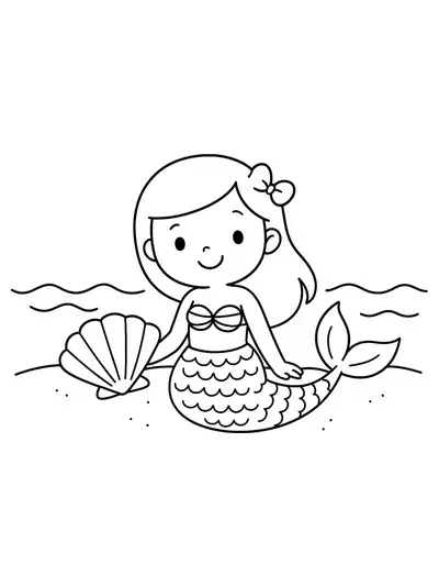 Easy coloring page of a smiling mermaid sitting on the beach with a big seashell and simple waves.