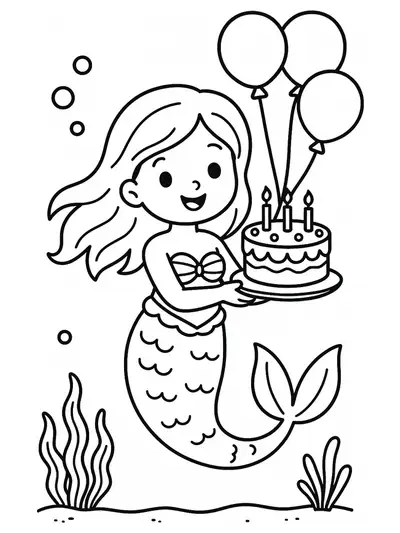 Simple mermaid coloring page showing a mermaid with a birthday cake and balloons under the sea.