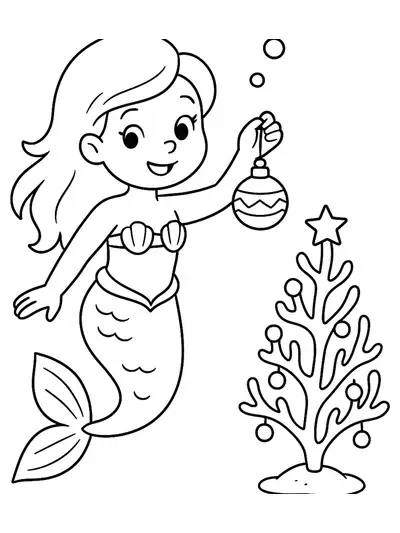 A mermaid holding a Christmas ornament underwater with holiday decorations around her, easy coloring page.