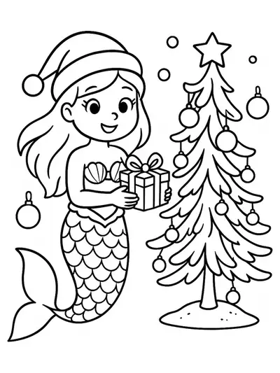 Mermaid with a Santa hat holding a gift next to a decorated seaweed Christmas tree, with large, simple outlines for easy coloring.