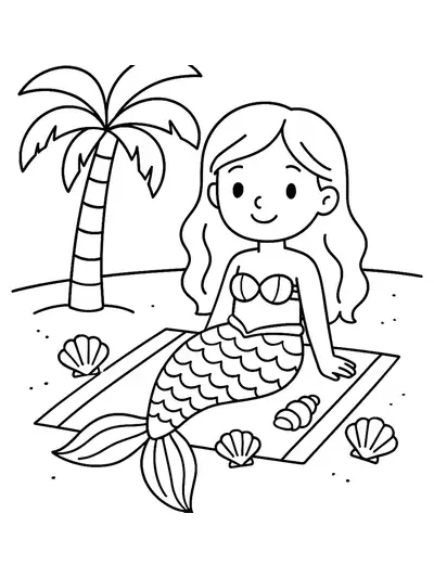 Simple line art of a mermaid sitting on a beach towel surrounded by seashells and a palm tree, with clear, bold outlines for easy coloring.