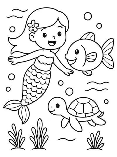 Easy coloring page of a mermaid with a big fish and a turtle, all smiling together.